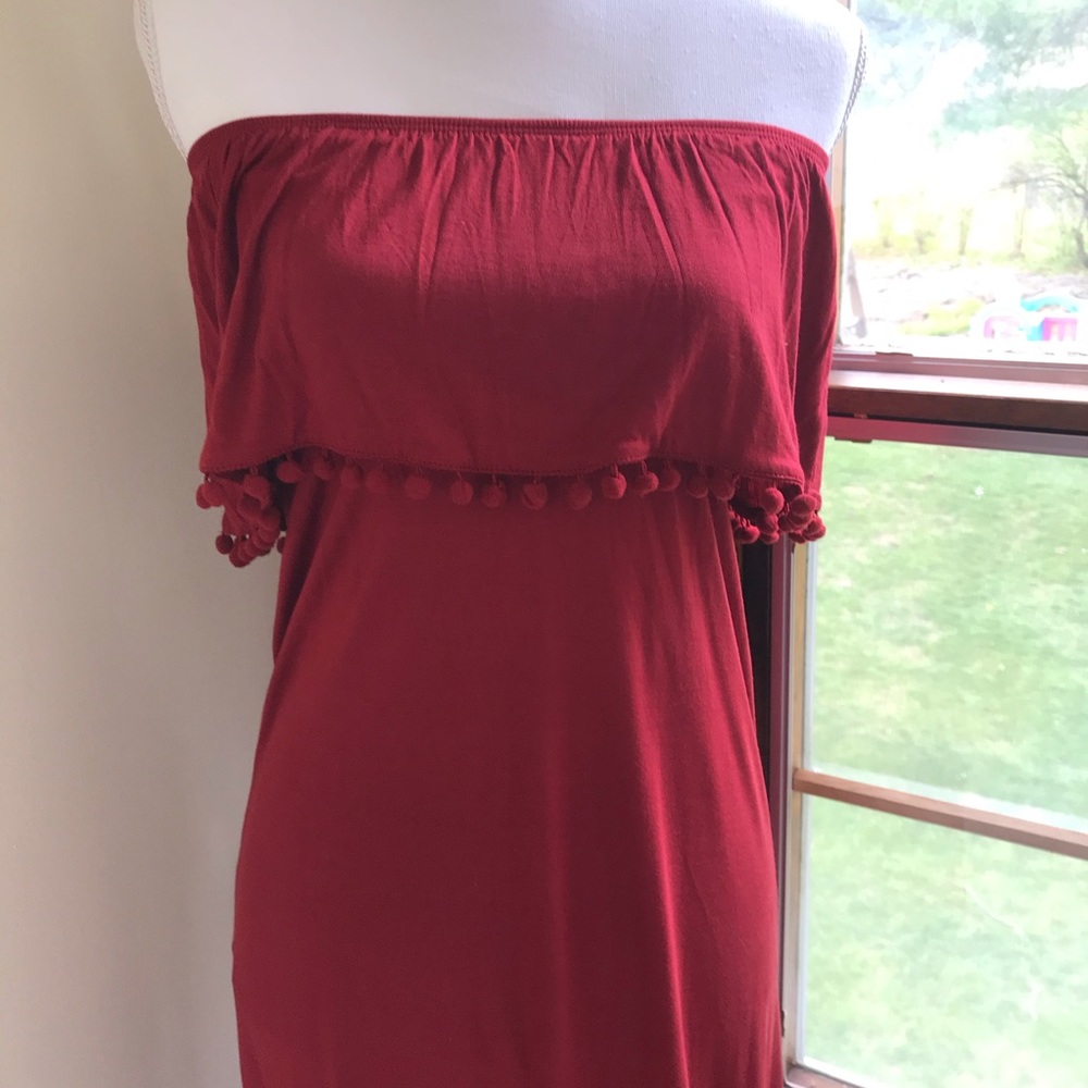 Burnt Orange Strapless Maxi Dress Pom Pom Trim Boho Size 4 - Picture 4 of 6